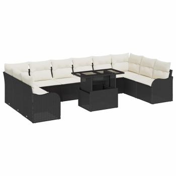 11-teiliges Garten Sofa Set mit Kissen Schwarz Poly Rattan, 2-Sitzer Garten Sofa mit Stauraum & Kissen Schwarz Poly Rattan