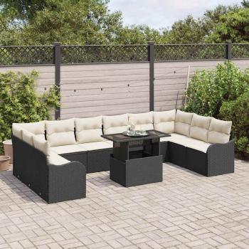 11-teiliges Garten Sofa Set mit Kissen Schwarz Poly Rattan, 2-Sitzer Garten Sofa mit Stauraum & Kissen Schwarz Poly Rattan