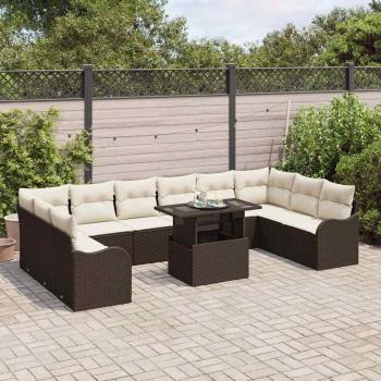 11-teiliges Garten Sofa Set mit Kissen braunes Poly Rattan, 2-Sitzer Garten Sofa mit Stauraum & Kissen braunes Poly Rattan