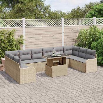 11-teiliges Garten-Sofa-Set mit Kissen Beige Poly-Rattan, 2-Sitzer Garten-Sofa mit Stauraum & Kissen Beige Poly-Rattan