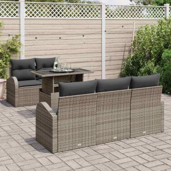 6-teiliges Garten Sofa Set mit Kissen Grau Poly Rattan, 2-Sitzer Garten Sofa mit Stauraum & Kissen Grau Poly Rattan