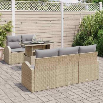 6-teiliges Garten Sofa Set mit Kissen Beige Poly Rattan, 2-Sitzer Garten Sofa mit Stauraum & Kissen Beige Poly Rattan
