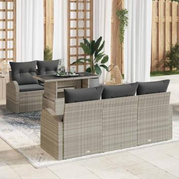 ARDEBO.de - 6-teiliges Garten Sofa Set mit Kissen Hellgrau Poly Rattan, 2-Sitzer Garten Sofa mit Stauraum & Kissen Hellgrau Poly Rattan