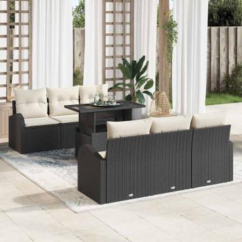 ARDEBO.de - 7-Teiliges Garten-Sofa-Set mit Kissen Schwarz Poly Rattan, 2-Sitzer Garten-Sofa mit Stauraum und Kissen Schwarz Poly Rattan