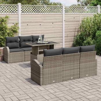 7-teiliges Garten Sofa Set mit Kissen Grau Poly Rattan, 2-Sitzer Garten Sofa mit Stauraum & Kissen Grau Poly Rattan