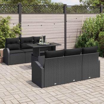 7-teiliges Garten-Sofa-Set mit Kissen schwarzes Poly-Rattan, 2-Sitzer Garten-Sofa mit Stauraum & Kissen schwarzes Poly-Rattan