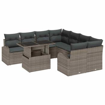 9-teiliges Garten Sofa Set mit Kissen Grau Poly Rattan, 2-Sitzer Garten Sofa mit Stauraum & Kissen Grau Poly Rattan