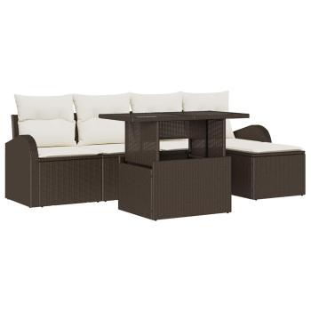 6-teiliges Garten Sofa Set mit Kissen Braun Poly Rattan, 2-Sitzer Garten Sofa mit Stauraum und Kissen Braun Poly Rattan