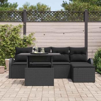 6-teiliges Garten Sofa Set mit Kissen Schwarz Poly Rattan, 2-Sitzer Garten Sofa mit Stauraum & Kissen Schwarz Poly Rattan