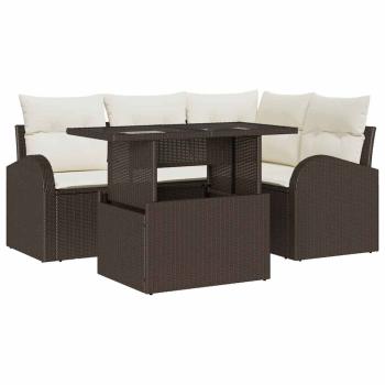 5-teiliges Garten-Sofa-Set mit Kissen, braunes Poly-Rattan, 2-Sitzer Garten-Sofa mit Stauraum & Kissen, braunes Poly-Rattan