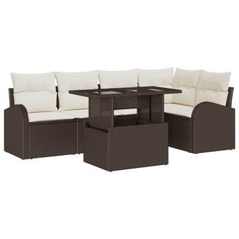 6-teiliges Garten Sofa Set mit Kissen Braunes Poly Rattan, 2-Sitzer Garten Sofa mit Stauraum & Kissen Braunes Poly Rattan