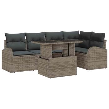 6-teiliges Gartensofa Set mit Kissen Grau Poly Rattan, 2-Sitzer Gartensofa mit Stauraum & Kissen Grau Poly Rattan