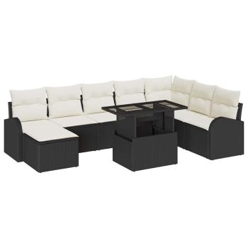 9-teiliges Garten-Sofa-Set mit Kissen schwarzes Poly-Rattan, 2-Sitzer Garten-Sofa mit Stauraum & Kissen schwarzes Poly-Rattan