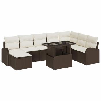 9-teiliges Garten Sofa Set mit Kissen aus braunem Poly-Rattan, 2-Sitzer Garten Sofa mit Stauraum & Kissen aus braunem Poly-Rattan