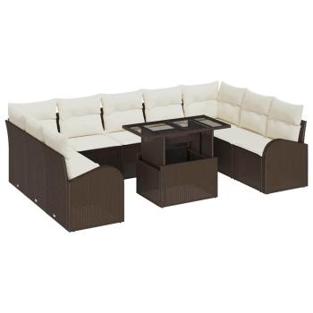 10-teiliges Garten Sofa Set mit Kissen Braun Poly Rattan, 2-Sitzer Garten Sofa mit Stauraum & Kissen Braun Poly Rattan