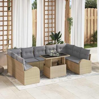 ARDEBO.de - 10-teiliges Garten Sofaset mit Kissen Beige Poly Rattan, 2-Sitzer Garten Sofa mit Stauraum & Kissen Beige Poly Rattan