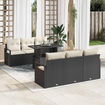 ARDEBO.de - 7-teiliges Garten Sofa Set mit Kissen Schwarz Poly Rattan, 2-Sitzer Garten Sofa mit Stauraum & Kissen Schwarz Poly Rattan