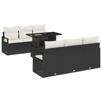 7-teiliges Garten Sofa Set mit Kissen Schwarz Poly Rattan, 2-Sitzer Garten Sofa mit Stauraum & Kissen Schwarz Poly Rattan