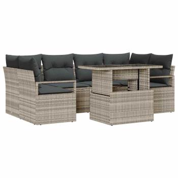 7-teiliges Garten Sofa Set mit Kissen Hellgraues Poly Rattan, 2-Sitzer Garten Sofa mit Stauraum & Kissen Grau Poly Rattan