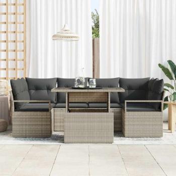 7-teiliges Garten Sofa Set mit Kissen Hellgraues Poly Rattan, 2-Sitzer Garten Sofa mit Stauraum & Kissen Grau Poly Rattan