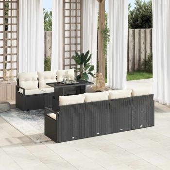 ARDEBO.de - 8-teiliges Garten Sofa Set mit Kissen Schwarz Poly Rattan, 2-Sitzer Garten Sofa mit Stauraum & Kissen Schwarz Poly Rattan