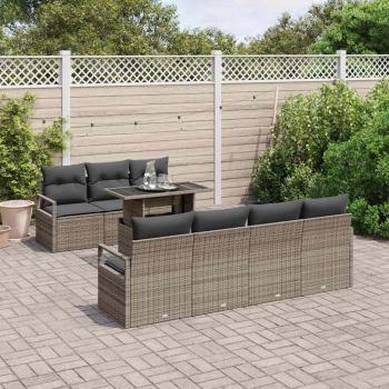 8-teiliges Gartensofa Set mit Kissen Grau Poly Rattan, 2-Sitzer Gartensofa mit Stauraum und Kissen Grau Poly Rattan