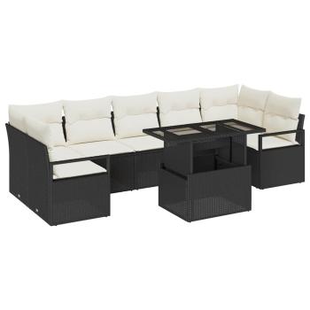 8-teiliges Gartensofa Set mit Kissen Schwarz Poly Rattan, 2-Sitzer Gartensofa mit Stauraum & Kissen Schwarz Poly Rattan