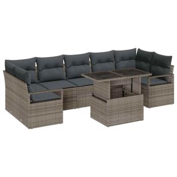 8-teiliges Garten Sofa Set mit Kissen Grau Poly Rattan, 2-Sitzer Garten Sofa mit Stauraum & Kissen Grau Poly Rattan