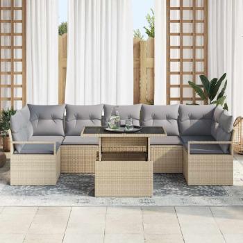 8-teiliges Garten Sofa Set mit Kissen Beige Poly Rattan, 2-Sitzer Garten Sofa mit Stauraum & Kissen Beige Poly Rattan
