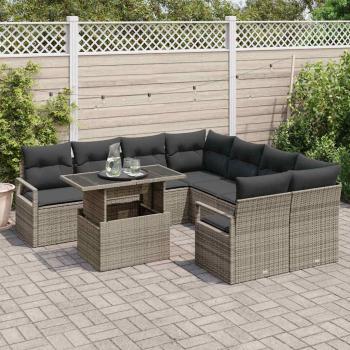 9-teiliges Garten Sofa Set mit Kissen Grau Poly Rattan, 2-Sitzer Garten Sofa mit Stauraum & Kissen Grau Poly Rattan