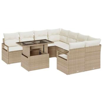 9-teiliges Garten Sofa Set mit Kissen Beige Poly Rattan, 2-Sitzer Garten Sofa mit Stauraum & Kissen Beige Poly Rattan