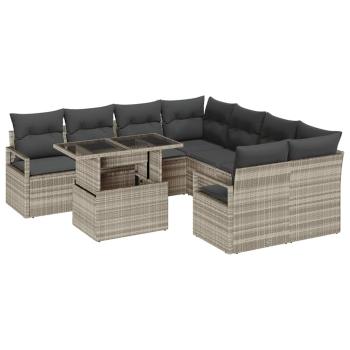 9-teiliges Garten Sofa Set mit Kissen, hellgrau, Poly-Rattan, 2-Sitzer Garten Sofa mit Stauraum und Kissen, grau, Poly-Rattan