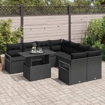 9-teiliges Garten-Sofaset mit Kissen Schwarz Poly-Rattan, 2-Sitzer Garten-Sofa mit Stauraum & Kissen Schwarz Poly-Rattan