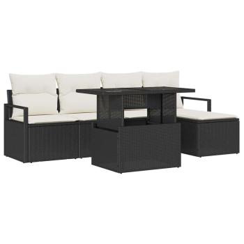 6-teiliges Garten-Sofa-Set mit Kissen Schwarz Poly Rattan, 2-Sitzer Garten-Sofa mit Stauraum & Kissen Schwarz Poly Rattan