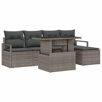 6-teiliges Garten Sofa Set mit Kissen Grau Poly Rattan, 2-Sitzer Garten Sofa mit Stauraum & Kissen Grau Poly Rattan