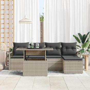 6-teiliges Garten-Sofa-Set mit Kissen Hellgrau Poly-Rattan, 2-Sitzer Garten-Sofa mit Stauraum & Kissen Grau Poly-Rattan