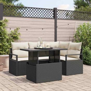 ARDEBO.de - 5-teiliges Garten Sofa Set mit Kissen Schwarz Poly Rattan, 2-Sitzer Garten Sofa mit Stauraum & Kissen Schwarz Poly Rattan