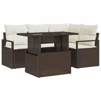 5-teiliges Garten-Sofa-Set mit Kissen Braun Poly-Rattan, 2-Sitzer Garten-Sofa mit Stauraum & Kissen Braun Poly-Rattan