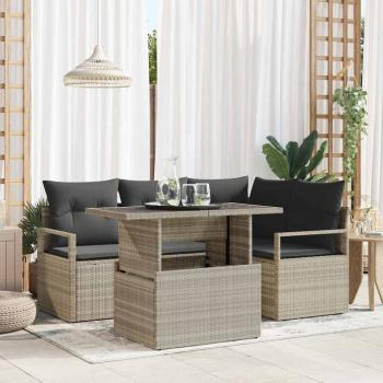 ARDEBO.de - 5-teiliges Garten-Sofa-Set mit Kissen Hellgrau Poly-Rattan, 2-Sitzer Garten-Sofa mit Stauraum & Kissen Grau Poly-Rattan
