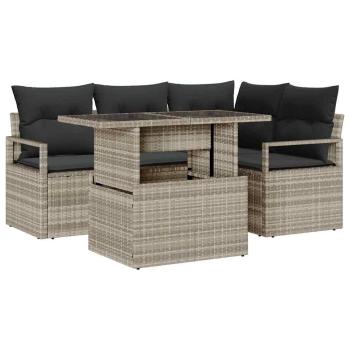 5-teiliges Garten-Sofa-Set mit Kissen Hellgrau Poly-Rattan, 2-Sitzer Garten-Sofa mit Stauraum & Kissen Grau Poly-Rattan