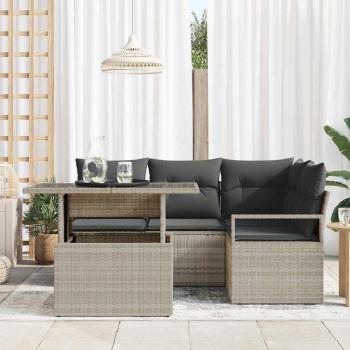 5-teiliges Garten-Sofa-Set mit Kissen Hellgrau Poly-Rattan, 2-Sitzer Garten-Sofa mit Stauraum & Kissen Grau Poly-Rattan