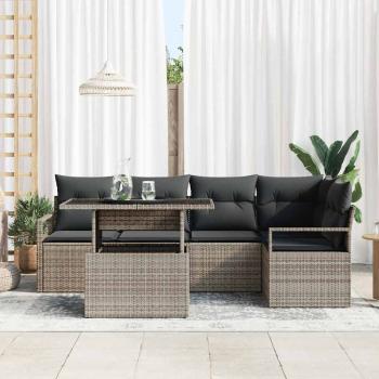 6-teilige Garten Sofa Set mit Kissen Grau Poly Rattan, 2-Sitzer Garten Sofa mit Stauraum & Kissen Grau Poly Rattan
