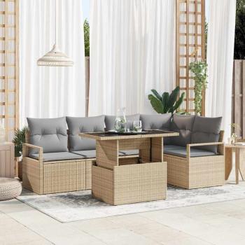 ARDEBO.de - 6-teiliges Garten-Sofa-Set mit Kissen Beige Poly Rattan, 2-Sitzer Garten Sofa mit Stauraum & Kissen Beige Poly Rattan