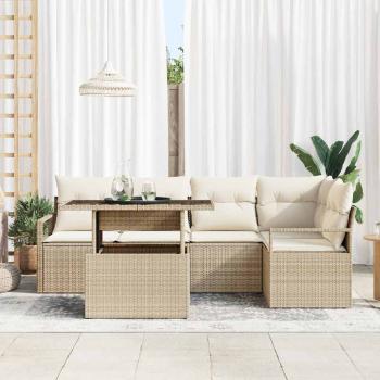6-teiliges Garten-Sofaset mit Kissen Beige Poly Rattan, 2-Sitzer Garten-Sofa mit Stauraum & Kissen Beige Poly Rattan