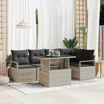 ARDEBO.de - 6-teiliges Garten Sofa Set mit Kissen in Hellgrau aus Poly-Rattan, 2-Sitzer Garten Sofa mit Stauraum & Kissen in Grau aus Poly-Rattan