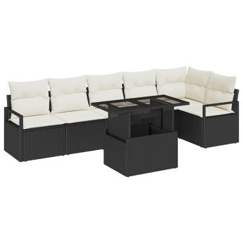 7-teilige Garten Sofagarnitur mit Kissen Schwarz Poly Rattan, 2-Sitzer Garten Sofa mit Stauraum & Kissen Schwarz Poly Rattan