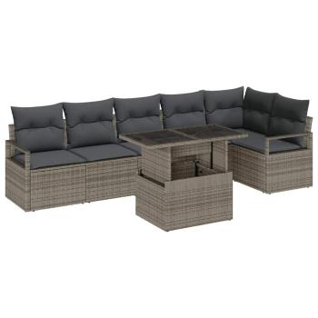 7-teiliges Garten-Sofa-Set mit Kissen Grau Poly-Rattan, 2-Sitzer Garten-Sofa mit Stauraum & Kissen Grau Poly-Rattan