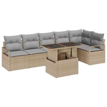 7-teiliges Garten Sofa Set mit Kissen Beige Poly Rattan, 2-Sitzer Garten Sofa mit Stauraum und Kissen Beige Poly Rattan