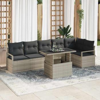 ARDEBO.de - 7-teiliges Garten Sofa Set mit Kissen in Hellgrau aus Poly Rattan, 2-Sitzer Garten Sofa mit Stauraum & Kissen in Grauem Poly Rattan
