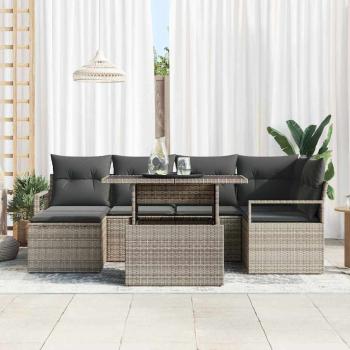 7-teiliges Garten Sofa Set mit Kissen Grau Poly Rattan, 2-Sitzer Garten Sofa mit Stauraum & Kissen Grau Poly Rattan